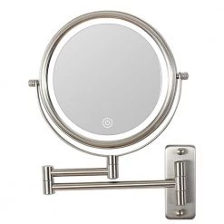 WOODSAM 8 in. H x 8 in. W LED Lighted Round Wall Mount Bi-View 10X/1X Magnification Bathroom Makeup Mirror in Brushed Nickel