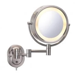 SEE ALL 8 in. x 8 in. Round Lighted Direct Wired Wall Mounted 5X Magnification Makeup Mirror in Nickel