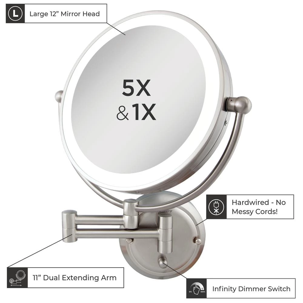 Zadro Glamour 18 in. H x 14 in. W Fluorescent Wall Mount Bi-View 5X/1X Magnification Hardwired Makeup Mirror in Satin Nickel 4 Zadro Glamour 18 in. H x 14 in. W Fluorescent Wall Mount Bi-View 5X/1X Magnification Hardwired Makeup Mirror in Satin Nickel - Image 2