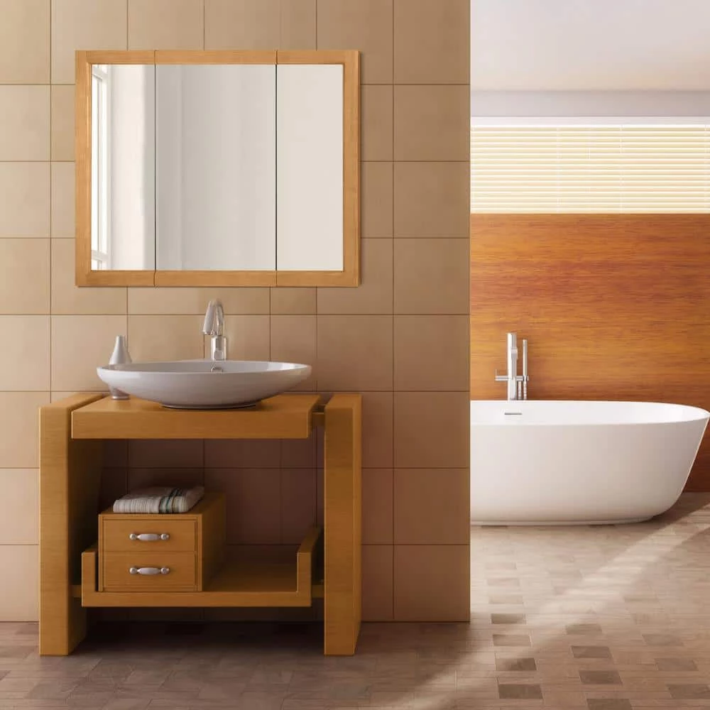 Design House Richland 36 in. W x 30 in. H x 4-4/5 in. D Framed Tri-View Surface-Mount Bathroom Medicine Cabinet in Nutmeg Oak 12 Design House Richland 36 in. W x 30 in. H x 4-4/5 in. D Framed Tri-View Surface-Mount Bathroom Medicine Cabinet in Nutmeg Oak - Image 10