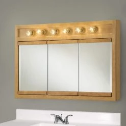 Design House Richland 48 in. x 30 in. x 5 in. Surface-Mount 6-Light Tri-View Bathroom Medicine Cabinet in Nutmeg Oak -Makeup Mirrors Sales Store nutmeg oak design house medicine cabinets with mirrors 530626 nok 40 1000