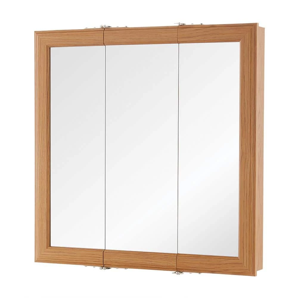 Home Decorators Collection 24 in. W x 24-3/16 in. H Fog Free Framed Surface-Mount Tri-View Bathroom Medicine Cabinet in Oak with Mirror 3 Home Decorators Collection 24 in. W x 24-3/16 in. H Fog Free Framed Surface-Mount Tri-View Bathroom Medicine Cabinet in Oak with Mirror