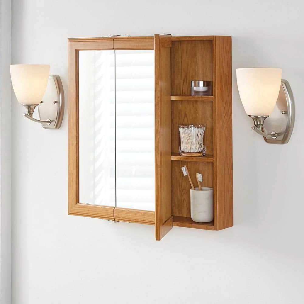 Home Decorators Collection 24 in. W x 24-3/16 in. H Fog Free Framed Surface-Mount Tri-View Bathroom Medicine Cabinet in Oak with Mirror 4 Home Decorators Collection 24 in. W x 24-3/16 in. H Fog Free Framed Surface-Mount Tri-View Bathroom Medicine Cabinet in Oak with Mirror - Image 2