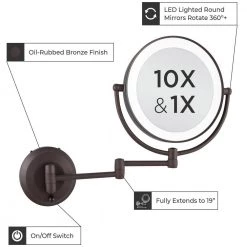 Zadro 15 in. L x 12 in. W LED Lighted Round Wall Mount Bi-View 10X/1X Magnification Beauty Makeup Mirror in Bronze -Makeup Mirrors Sales Store oil rubbed bronze zadro makeup mirrors ledw810 c3 1000