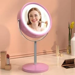 Getpro 7 in. W x 13 in. H Small Round 1x/5x Double Sided Magnifying Freestanding Bathroom Makeup Mirror in Pink