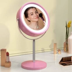 Getpro 7 in. W x 13 in. H Small Round 1x/5x Magnifying Freestanding Bathroom Makeup Mirror in Pink