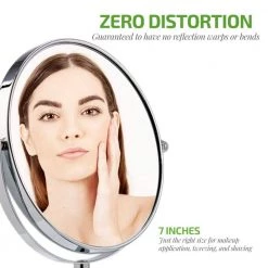 OVENTE Small Round Tabletop Polished Chrome Makeup Mirror (13.3 in. H x 5.3 in. W), 1x-7x Magnification -Makeup Mirrors Sales Store polished chrome ovente makeup mirrors mnlct70ch1x7x 1f 1000