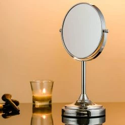 OVENTE Small Round Tabletop Polished Chrome Makeup Mirror (13.3 in. H x 5.3 in. W), 1x-7x Magnification -Makeup Mirrors Sales Store polished chrome ovente makeup mirrors mnlct70ch1x7x 76 1000