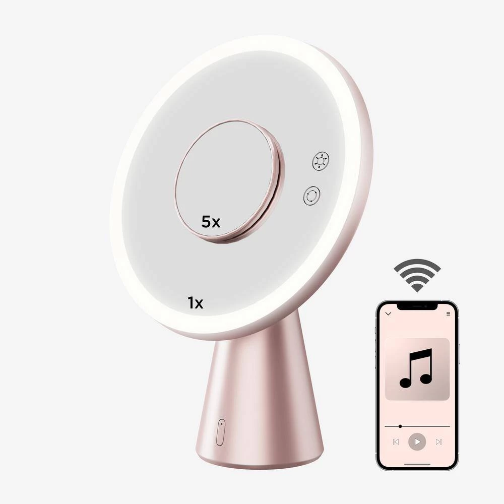 ProMounts 13.38 in. x 9.09 in. x 4.1 in Bluetooth Speaker LED Tabletop HD Magnifying Makeup Beauty Mirror in Rose Gold Finish 4 ProMounts 13.38 in. x 9.09 in. x 4.1 in Bluetooth Speaker LED Tabletop HD Magnifying Makeup Beauty Mirror in Rose Gold Finish - Image 2