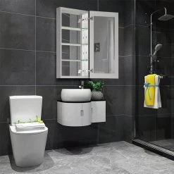 WELLFOR 12 in. W x 24 in. H Satin Aluminum Recessed/Surface Mount Bathroom Medicine Cabinet with Mirror, 3 Glass shelves -Makeup Mirrors Sales Store satin medicine cabinets with mirrors dk mca1224 sa 4f 1000