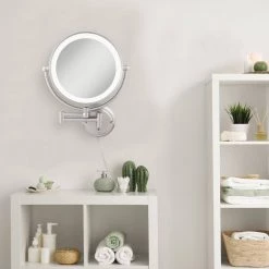 Surround Light Glamour 18 in. H x 14 in. W Fluorescent Wall Mount Bi-View 5X/1X Magnification Beauty Makeup Mirror in Satin Nickel -Makeup Mirrors Sales Store satin nickel surround light makeup mirrors glaw45 76 1000