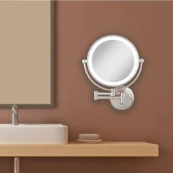 Surround Light Glamour 18 in. H x 14 in. W Fluorescent Wall Mount Bi-View 5X/1X Magnification Beauty Makeup Mirror in Satin Nickel -Makeup Mirrors Sales Store satin nickel surround light makeup mirrors glaw45 e1 1000