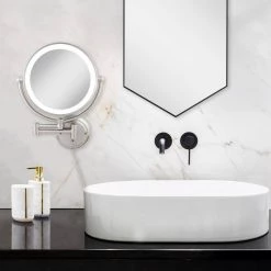 Surround Light Glamour 18 in. H x 14 in. W Fluorescent Wall Mount Bi-View 5X/1X Magnification Beauty Makeup Mirror in Satin Nickel -Makeup Mirrors Sales Store satin nickel surround light makeup mirrors glaw45 fa 1000