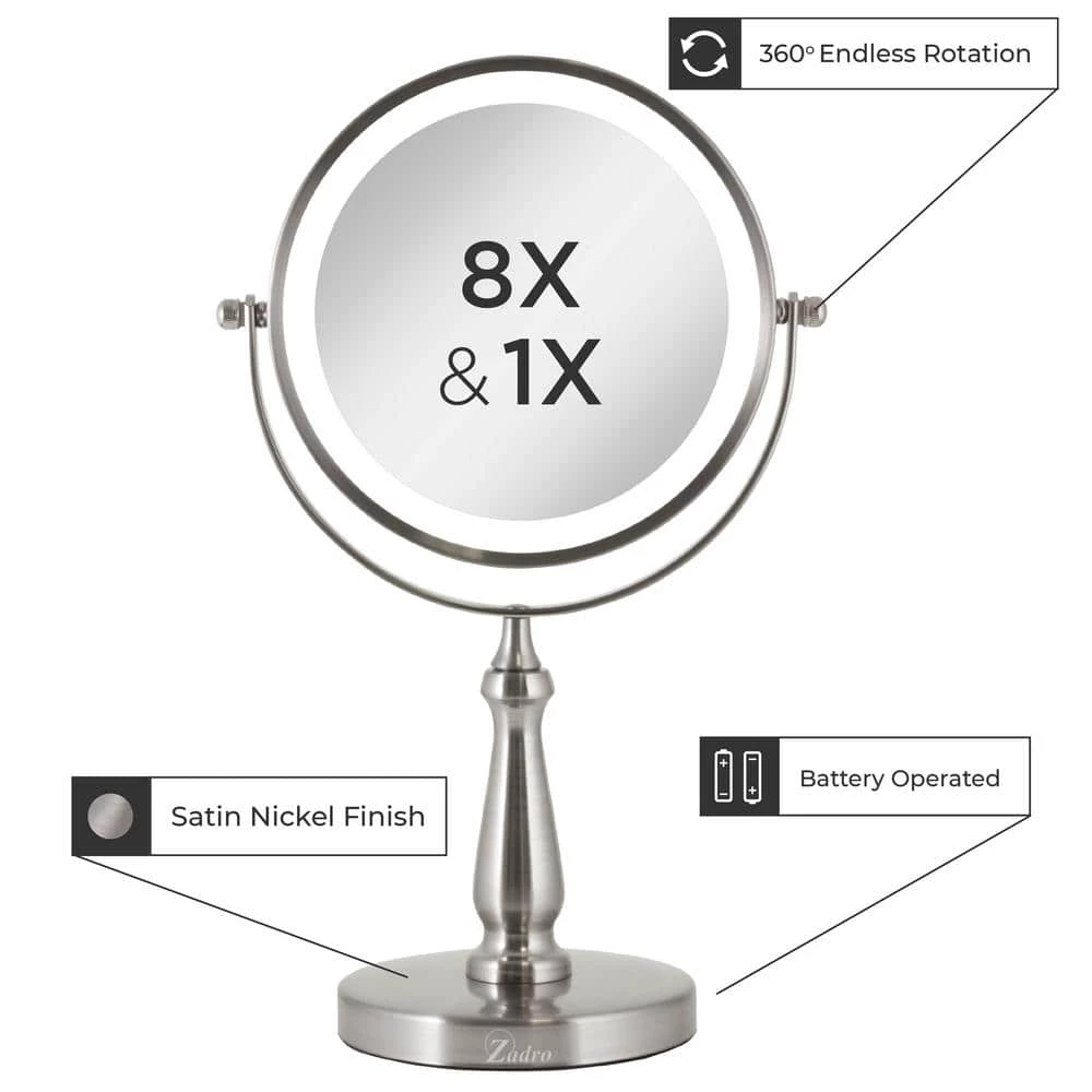 Zadro 7.75 in. x 12.5 in LED Freestanding Bi-View 8X/1X Magnification Cordless Vanity Beauty Makeup Mirror in Satin Nickel 5 Zadro 7.75 in. x 12.5 in LED Freestanding Bi-View 8X/1X Magnification Cordless Vanity Beauty Makeup Mirror in Satin Nickel - Image 3
