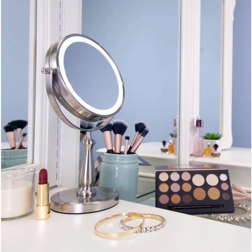 Zadro 7.75 in. x 12.5 in LED Freestanding Bi-View 8X/1X Magnification Cordless Vanity Beauty Makeup Mirror in Satin Nickel 4 Zadro 7.75 in. x 12.5 in LED Freestanding Bi-View 8X/1X Magnification Cordless Vanity Beauty Makeup Mirror in Satin Nickel - Image 2
