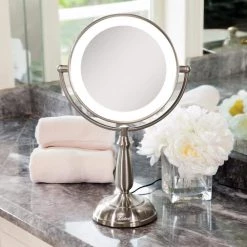 Zadro 7.5 in. x 17.25 in. Smart Touch Dimming LED Freestanding Bi-View 12X/1X Vanity Beauty Makeup Mirror in Satin Nickel -Makeup Mirrors Sales Store satin nickle zadro makeup mirrors ledvprt412 4f 1000