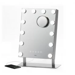 IHome 13.99 in. x 18.79 in. Lighted Magnifying Bluetooth Tabletop Makeup Mirror in Silver/Nickel