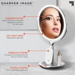 Sharper Image 8 in. x 8 in. Round Table Top Bathroom LED Mirror with Wireless Charger -Makeup Mirrors Sales Store silver sharper image makeup mirrors 1014289 40 1000