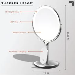 Sharper Image 8 in. x 8 in. Round Table Top Bathroom LED Mirror with Wireless Charger -Makeup Mirrors Sales Store silver sharper image makeup mirrors 1014289 4f 1000