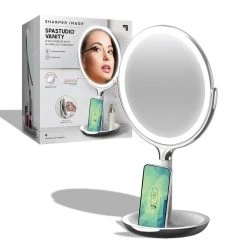 Sharper Image 8 in. x 8 in. Round Table Top Bathroom LED Mirror with Wireless Charger -Makeup Mirrors Sales Store silver sharper image makeup mirrors 1014289 fa 1000