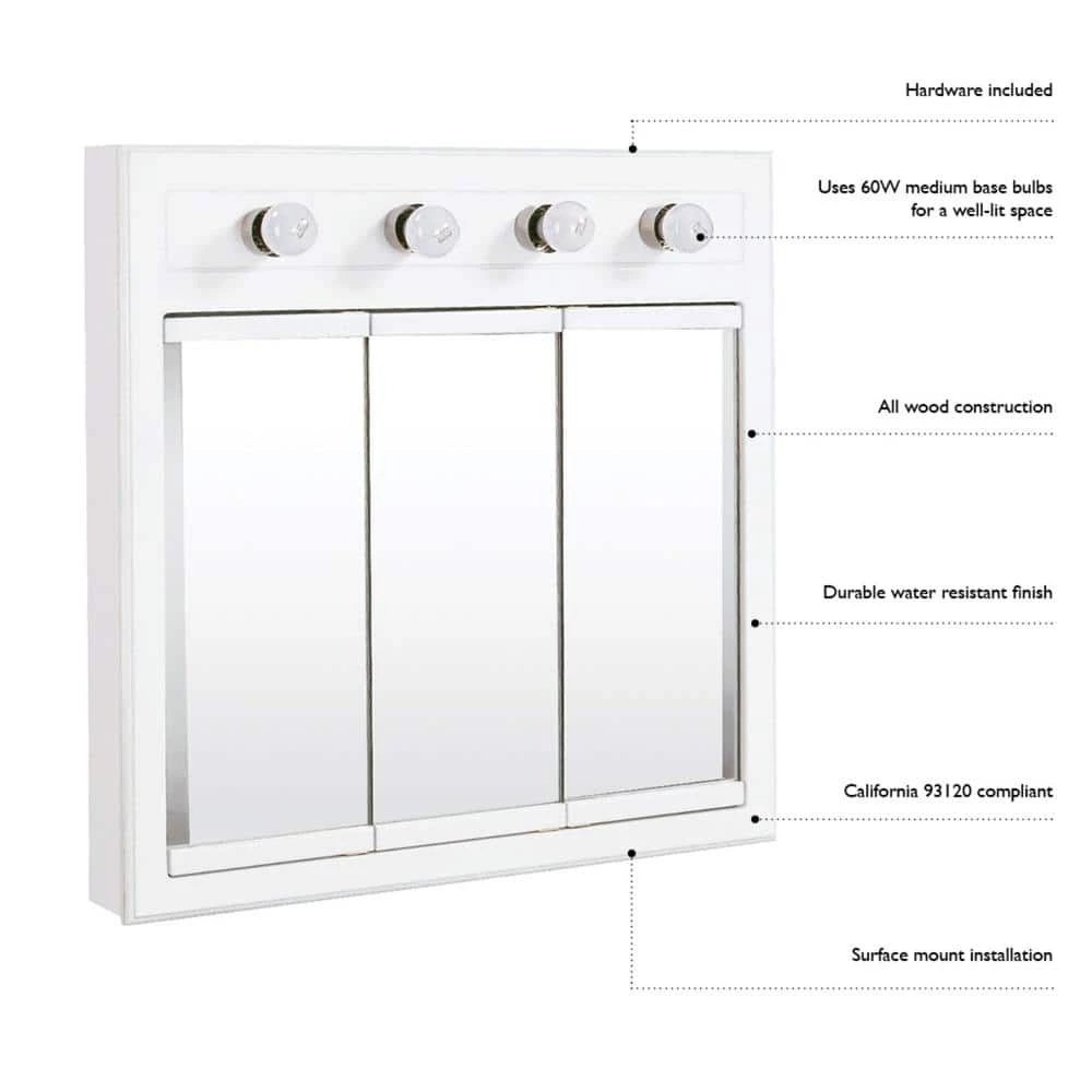 Design House Concord 36 in. W x 30 in. H x 5 in. D Framed 5-Light Tri-View Surface-Mount Bathroom Medicine Cabinet in White Gloss 5 Design House Concord 36 in. W x 30 in. H x 5 in. D Framed 5-Light Tri-View Surface-Mount Bathroom Medicine Cabinet in White Gloss - Image 3