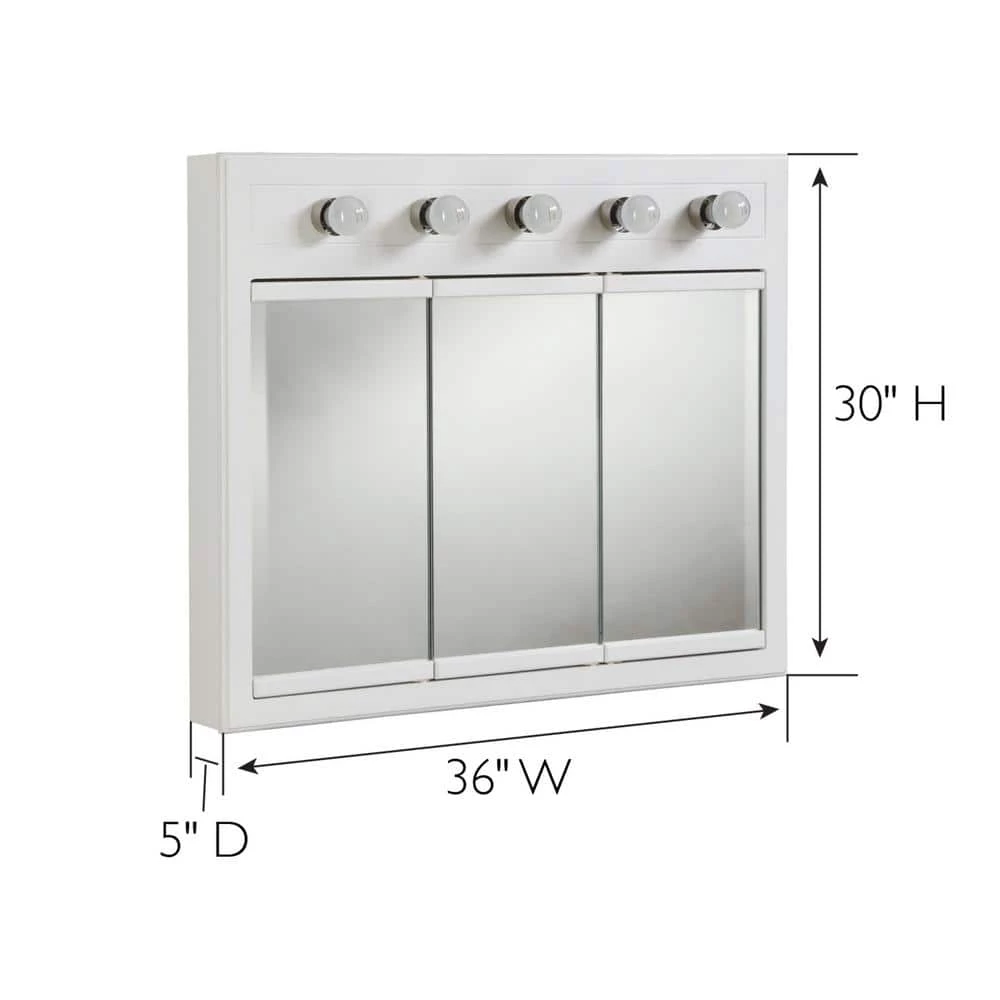Design House Concord 36 in. W x 30 in. H x 5 in. D Framed 5-Light Tri-View Surface-Mount Bathroom Medicine Cabinet in White Gloss 4 Design House Concord 36 in. W x 30 in. H x 5 in. D Framed 5-Light Tri-View Surface-Mount Bathroom Medicine Cabinet in White Gloss - Image 2