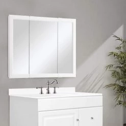 Design House Wyndham 36 in. W x 30 in. H x 4-3/4 in. D Framed Tri-View Surface-Mount Bathroom Medicine Cabinet in White Semi-Gloss -Makeup Mirrors Sales Store white design house medicine cabinets with mirrors 545103 wht 40 1000